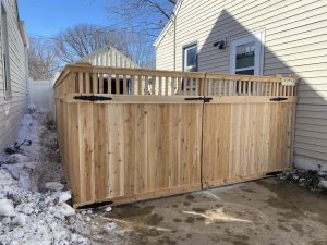 Sturtevant Wood Fence 6  Executive Privacy outside view double gate Milwaukee WI Shanahan 300x225